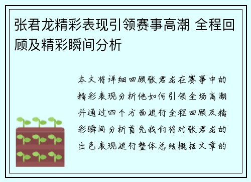张君龙精彩表现引领赛事高潮 全程回顾及精彩瞬间分析