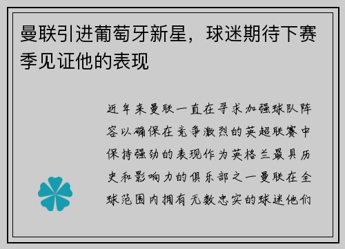 曼联引进葡萄牙新星，球迷期待下赛季见证他的表现