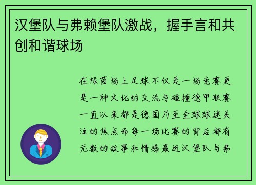 汉堡队与弗赖堡队激战，握手言和共创和谐球场